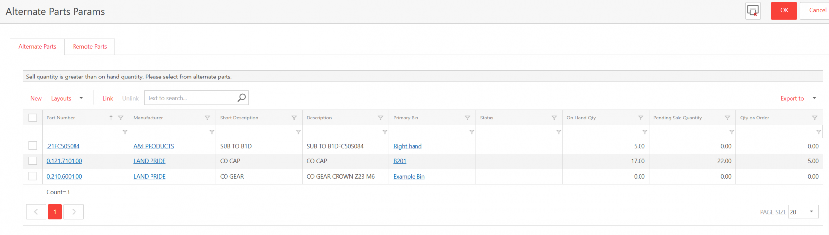 Alternate parts screen showing substitute items with manufacturer, description, bin, and quantities.