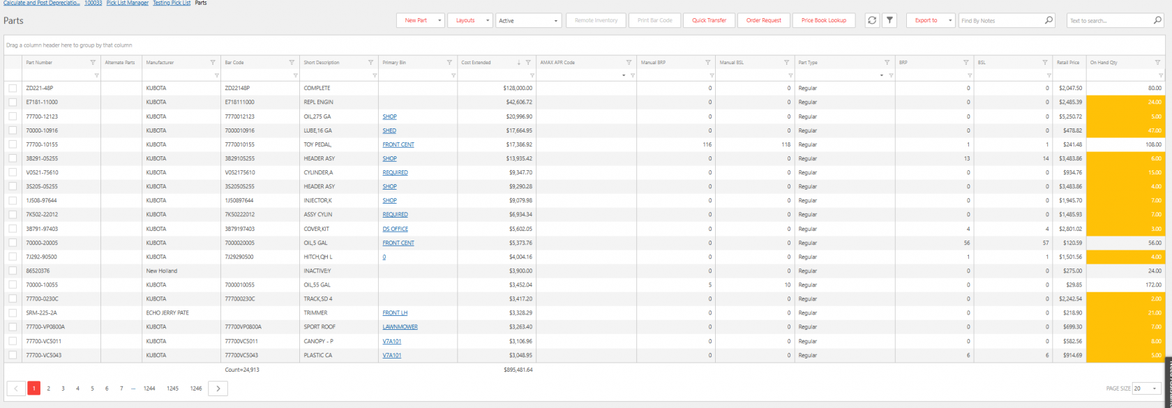 Screenshot of a parts management system showing a detailed table of parts inventory. Columns include part number, alternate parts, manufacturer, bar code, short description, inventory bin, cost extended, codes, part type, retail price, and on-hand quantity.