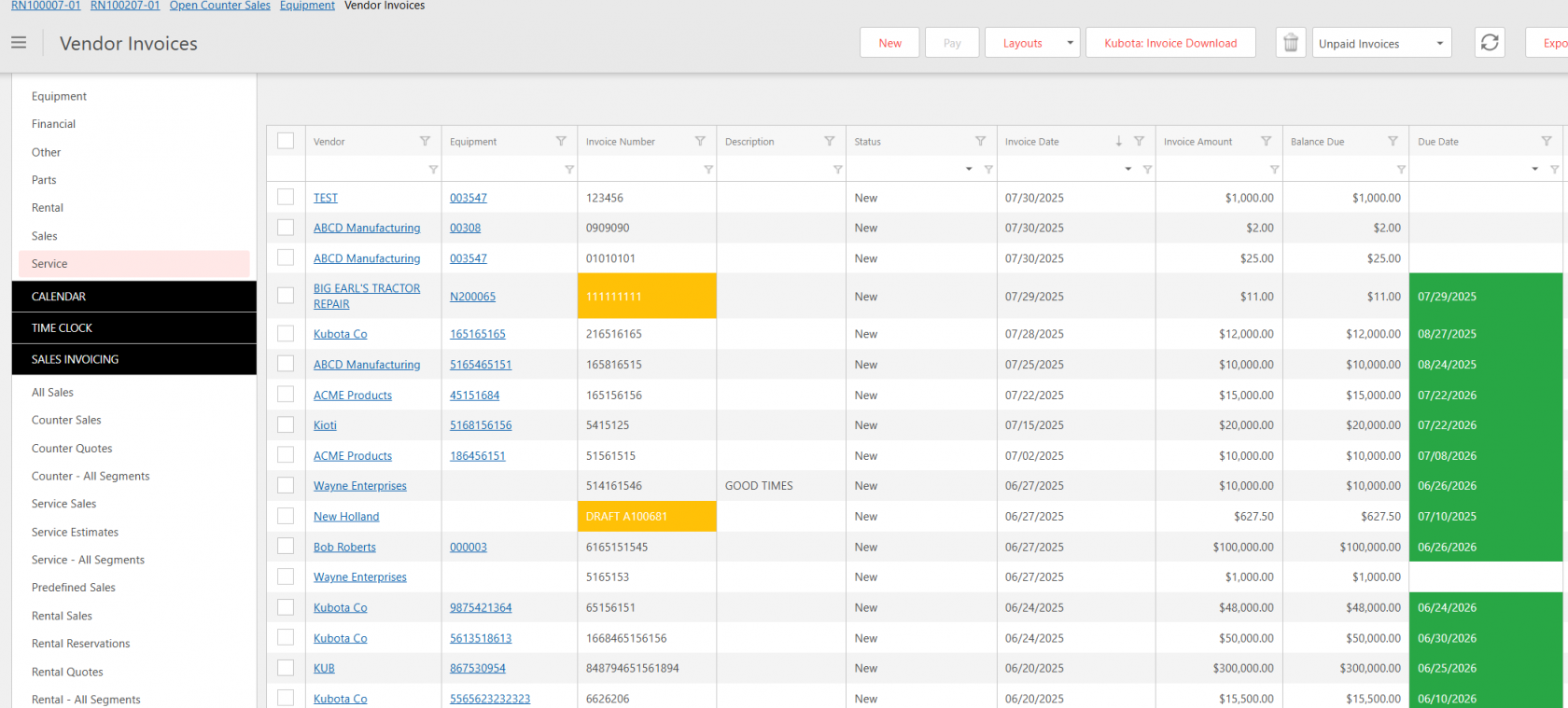 Vendor Invoices screen showing a list of vendors, equipment numbers, invoice numbers, amounts, balances due, and due dates. Several invoices are marked as new with upcoming due dates highlighted in green.