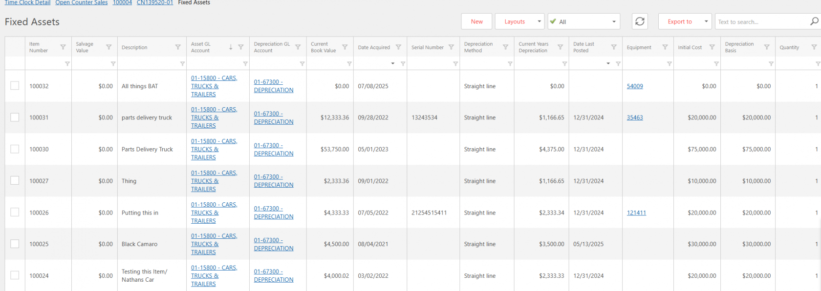 Table view of Fixed Assets