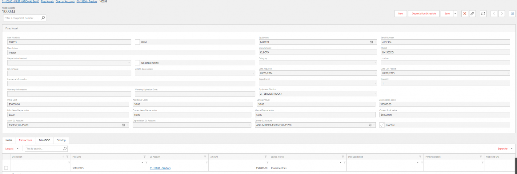 Fixed Assets screen showing a tractor record with details like serial number, model BX1500DX, manufacturer Kubota, acquisition date 05/01/2024, cost $50,000, no depreciation, and a $50,000 transaction entry.