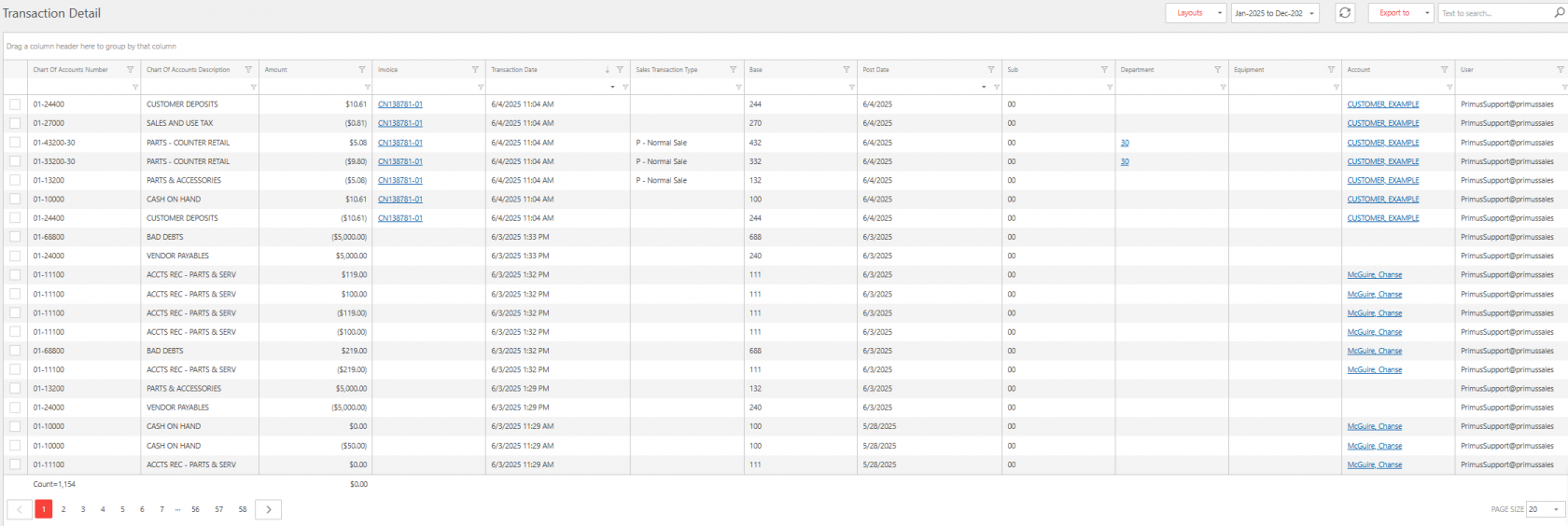 Transaction Detail screen showing a table of account numbers, descriptions, amounts, invoices, dates, and users, with over 1,100 records listed.