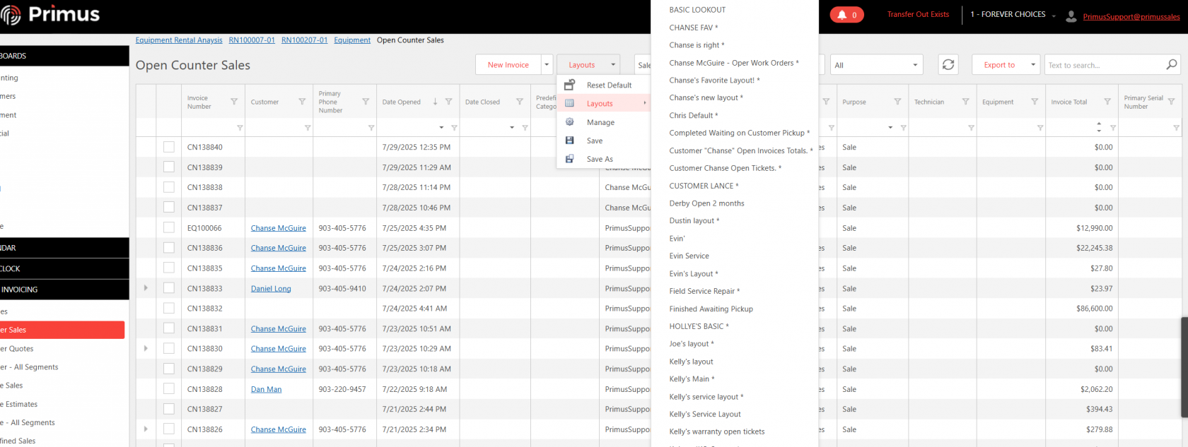 Open Counter Sales screen showing a list of invoices with customer names, phone numbers, dates, and totals. A dropdown menu for saved layouts is open on the right with multiple custom layout options.