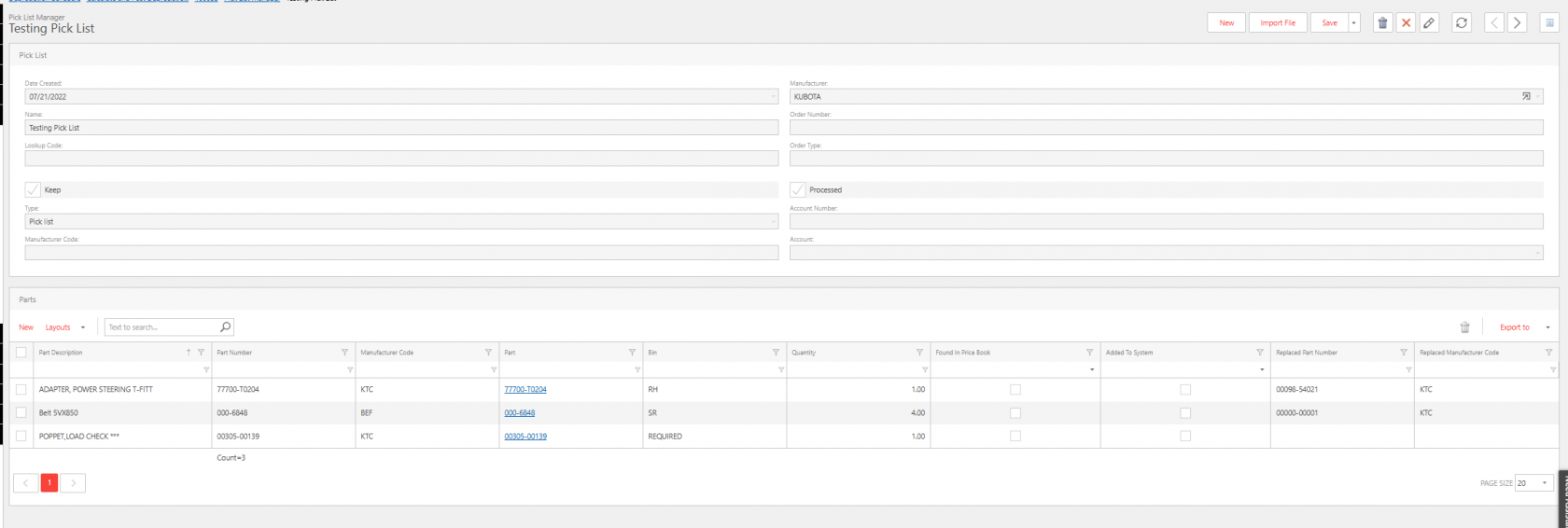 Screenshot of a Pick List Manager screen titled ‘Testing Pick List.’ The top section displays pick list details such as date created, manufacturer (Kubota), name, order number, type, lookup code, and account information, with checkboxes for ‘Keep’ and ‘Processed.’