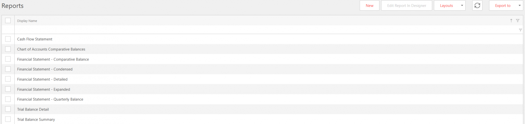 Reports screen listing available financial reports, including Cash Flow Statement, Chart of Accounts Comparative Balances, Financial Statements (Comparative, Condensed, Detailed, Expanded, Quarterly), and Trial Balance (Detail and Summary)
