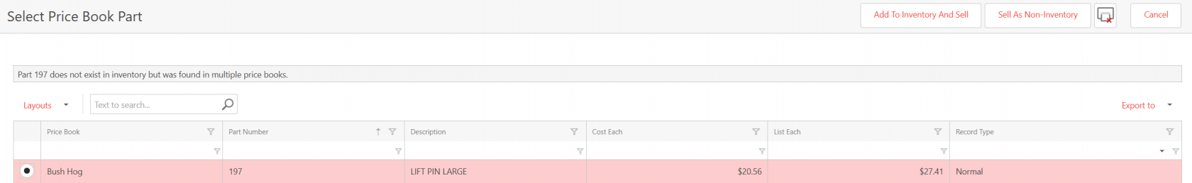 Screen to select a price book part, showing Lift Pin Large with cost and selling options.