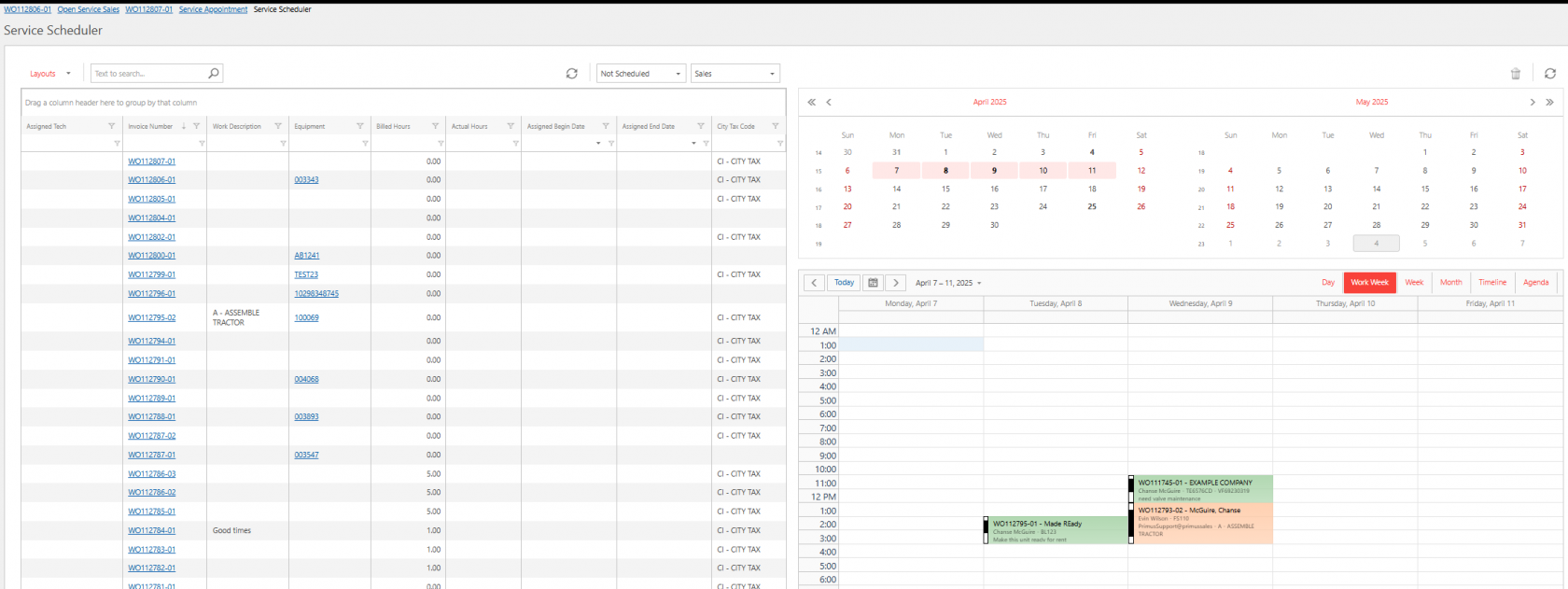 Screenshot of a Service Scheduler interface showing a list of work orders on the left with columns for assigned technician, invoice number, work description, equipment, billed hours, actual hours, assigned dates, and tax codes.