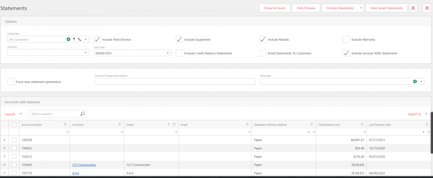 Statements screen with filters for parts, equipment, rentals, and invoices, plus a table of customer accounts showing balances and last payment dates.
