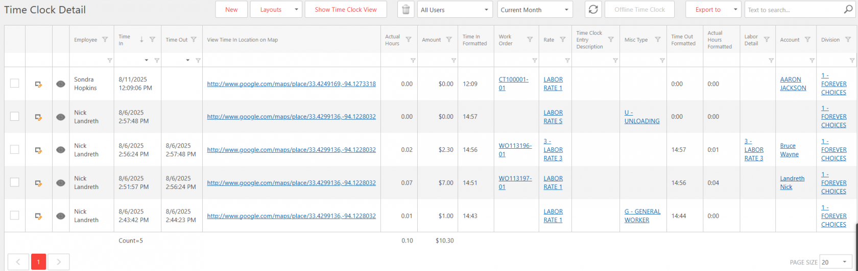 User Interface of Time Clock