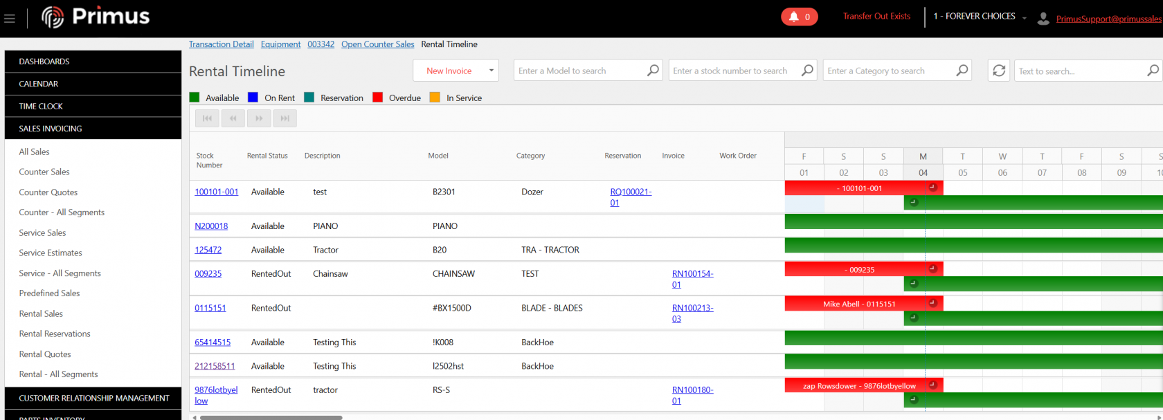 Rental Timeline screen showing equipment stock numbers, rental status, models, and categories with a calendar view. Green bars indicate available items, red bars show rented out or overdue items.