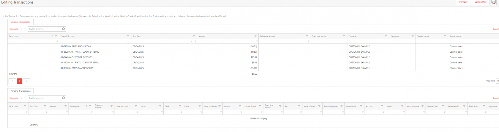Editing Transactions screen showing original transactions with account numbers, amounts, and customer details listed; pending transactions section is empty.
