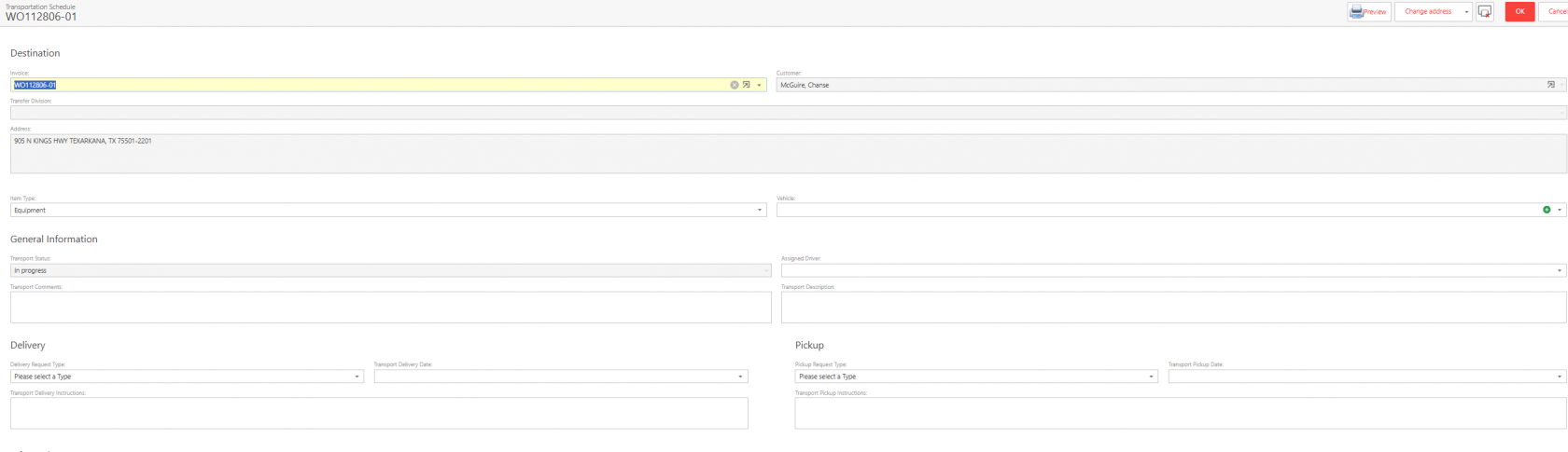 Screenshot of a work order transport service screen labeled WO112806-01. The page includes sections for Destination, General Information, Delivery, and Pickup.