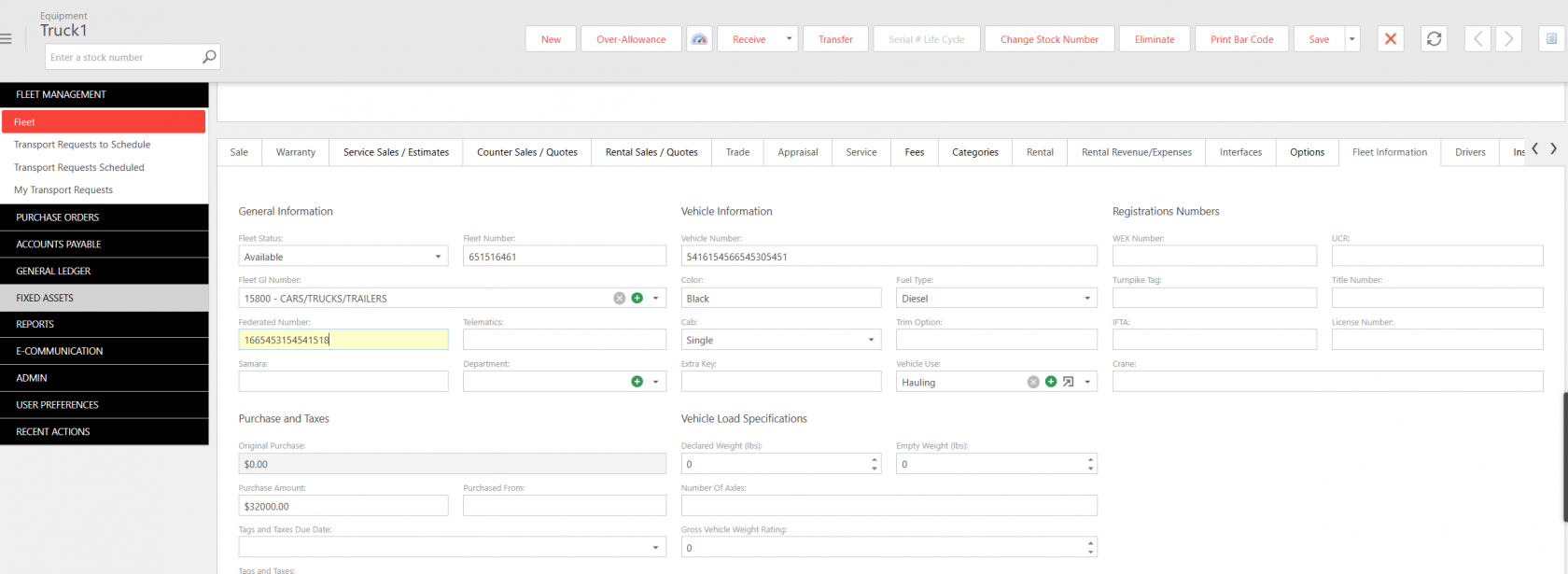 Fleet management record for Truck1 showing vehicle and fleet details, including status available, color black, diesel fuel, hauling use, purchase amount $32,000, and load specifications fields