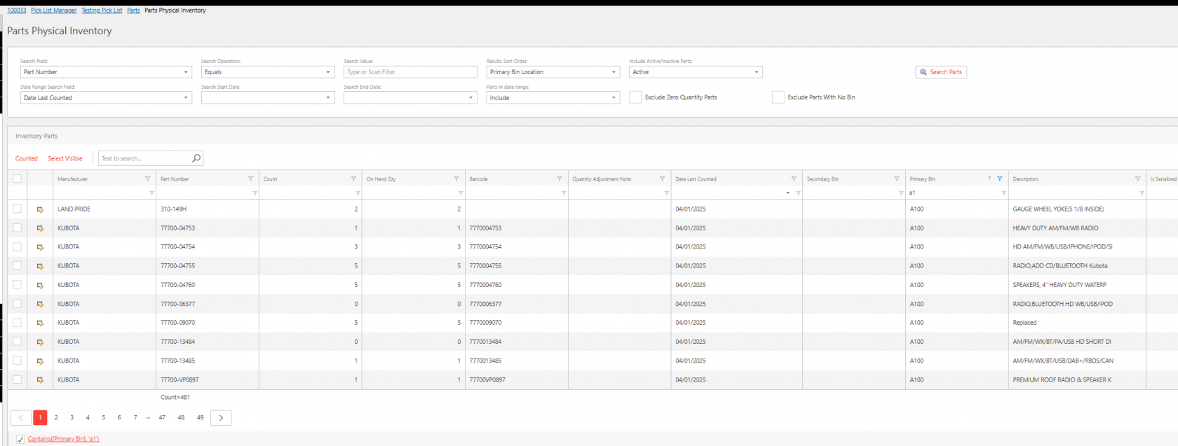 Screenshot of a Parts Physical Inventory screen displaying search and filter options at the top, including fields for part number, date last counted, sort order, and status (active/inactive)